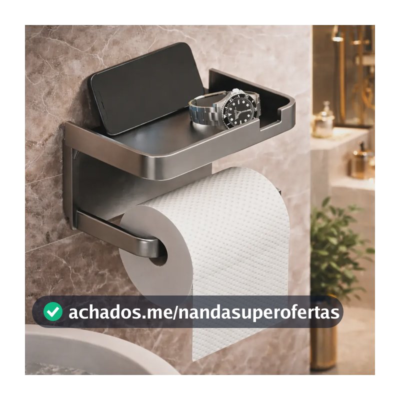 Suporte Papel Higiênico Adesivo De Parede Com Prateleira Porta Celular Sem Furo Ligeiro Cinza