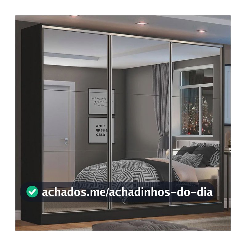Guarda Roupa 100% Mdf Madesa Zurique 3 Portas Correr Espelho Cor Preto