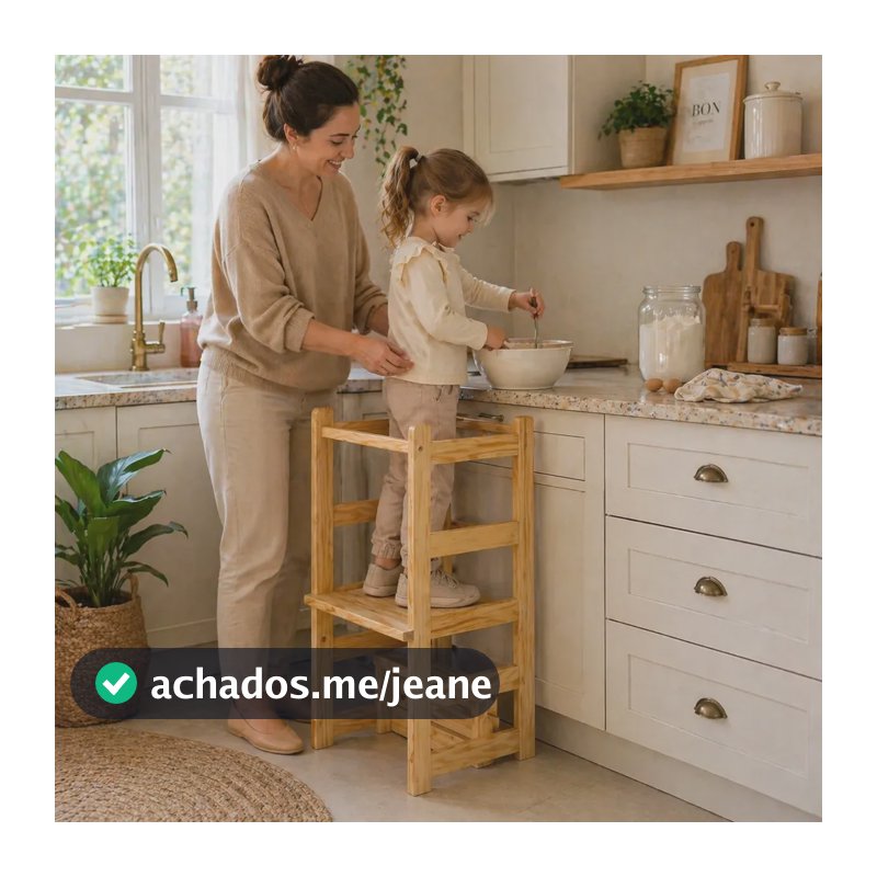 Torre Montessori 4em1 Pinus Natural Infantil Escada Aprendiz Palha