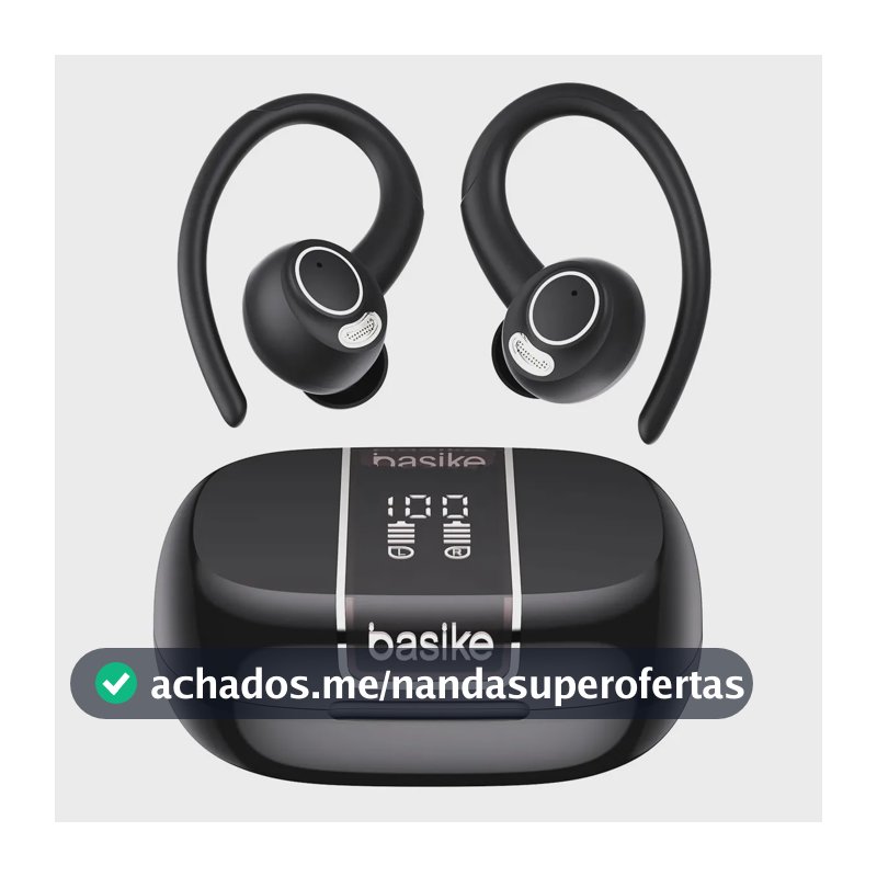 Fone de Ouvido Bluetooth Basike TWS Esportivo Com Cancelamento de Ruído e Gancho IPX4