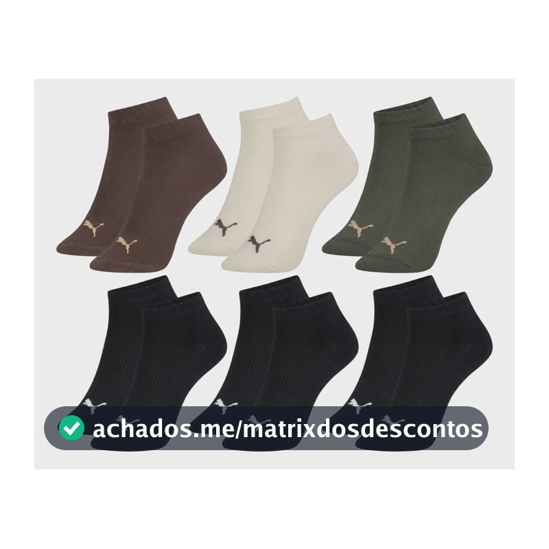 Kit 6 Pares Meia Puma Cano Curto Soquete Masculina Academia 1 Marrom - 1 Off White - 3 Pretos - 1 Verde Militar Meia Algodão Confortável 39-43