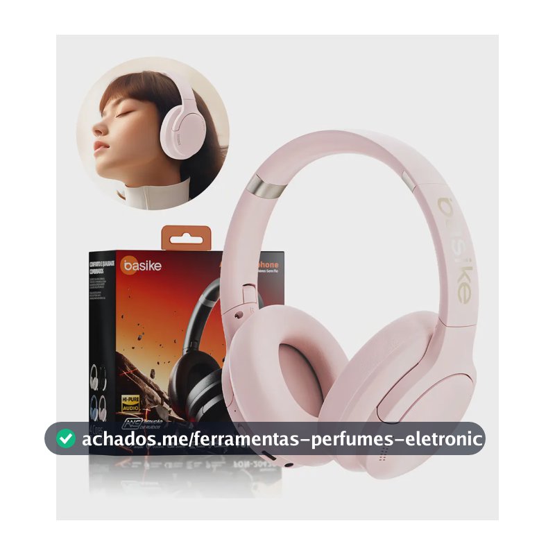 Headset Bluetooth Redução De Ruído Do Anc Hifi Basike Fone de ouvido Headphone Bluetooth5.4 over-ear Sem Fio Com Microfone Até 50h de Bateria Cor Rosa
