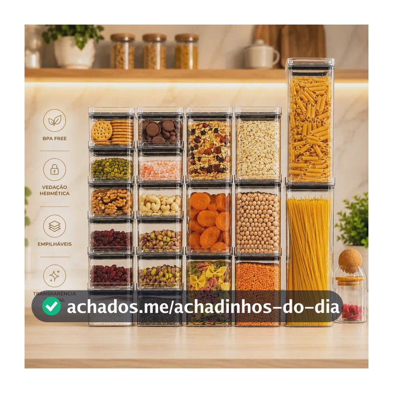 Kit 20 Potes Porta Mantimento Herméticos 2,3litros 1,1litro 500ml Acrílico Empilhável Transparência Cristal Livre de BPA