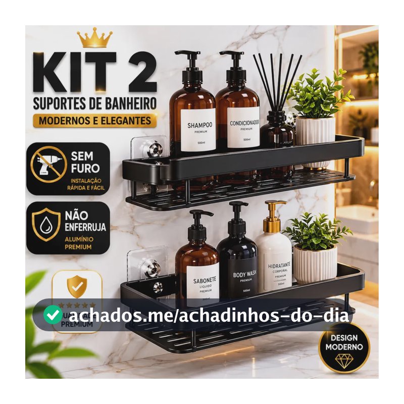 Kit 2 Suportes Organizadores p/ Banheiro Adesivo de Metal Preto