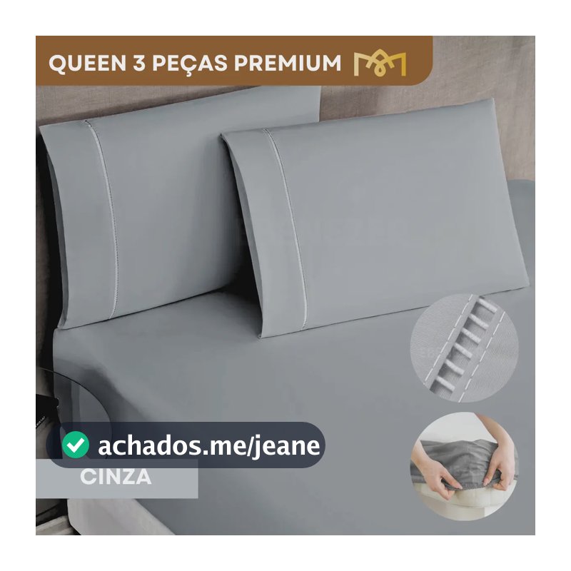 Lençol Queen Padrão C/ Elástico 3 peças 400 Fios Percal Fronha Ponto Palito Toque Macio Premium Cor Cinza