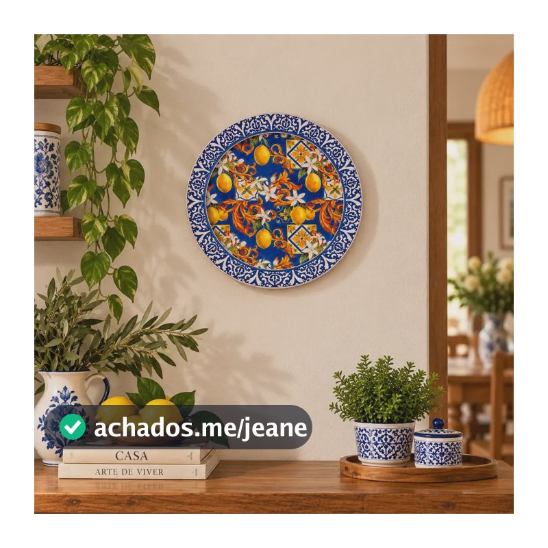 Prato Parede Decorativo Porcelana C/ Suporte Limão Siciliano Multicolor Limão Siciliano