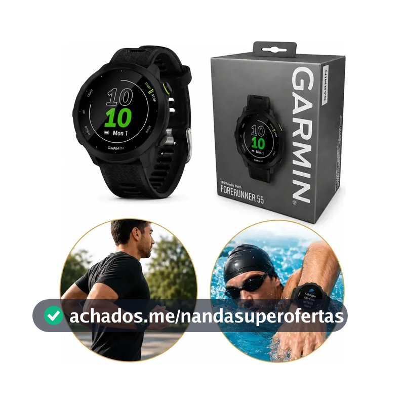 Relógio Garmin Forerunner 55 Monitor Cardíaco Gps 42mm Preto Corrida Caminhada Ciclismo Natação Monitoramento Sono Pace Calorias Distância Cronômetro Resistente Leve Esportivo Unissex Com Gps Rápido