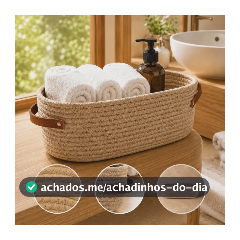 Cesto Organizador Banheiro Algodão Alça Couro Multiuso Bege