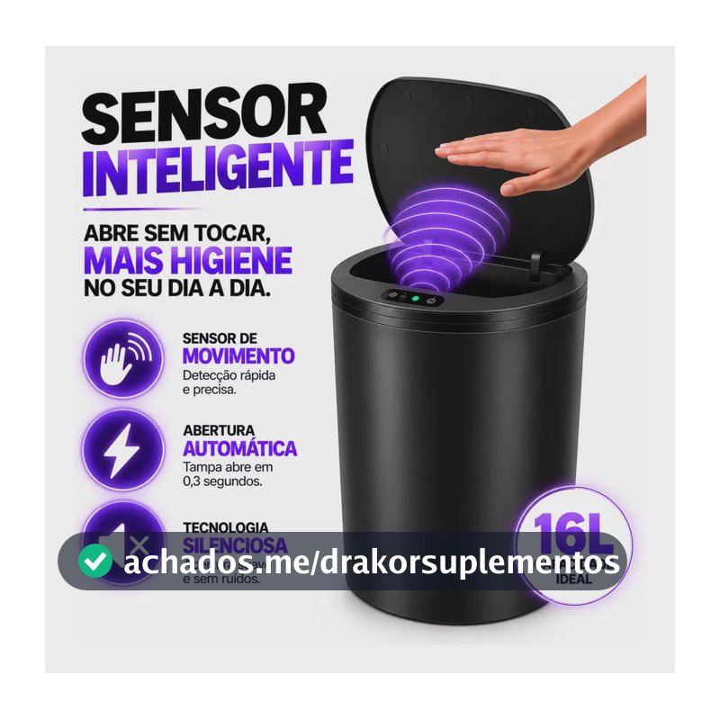 Lixeira Inteligente Automática Redonda Recarregável USB‐C Sensor para Cozinha Banheiro Escritório