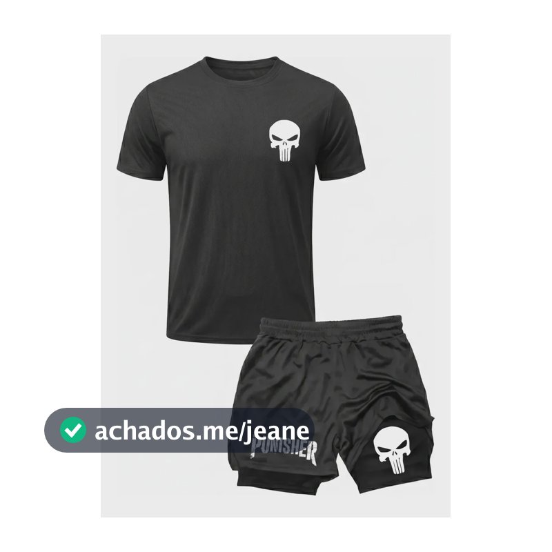 Kit Academia Treino Camiseta Dry Fit + Short 2 Em 1 Punisher Preto Gg