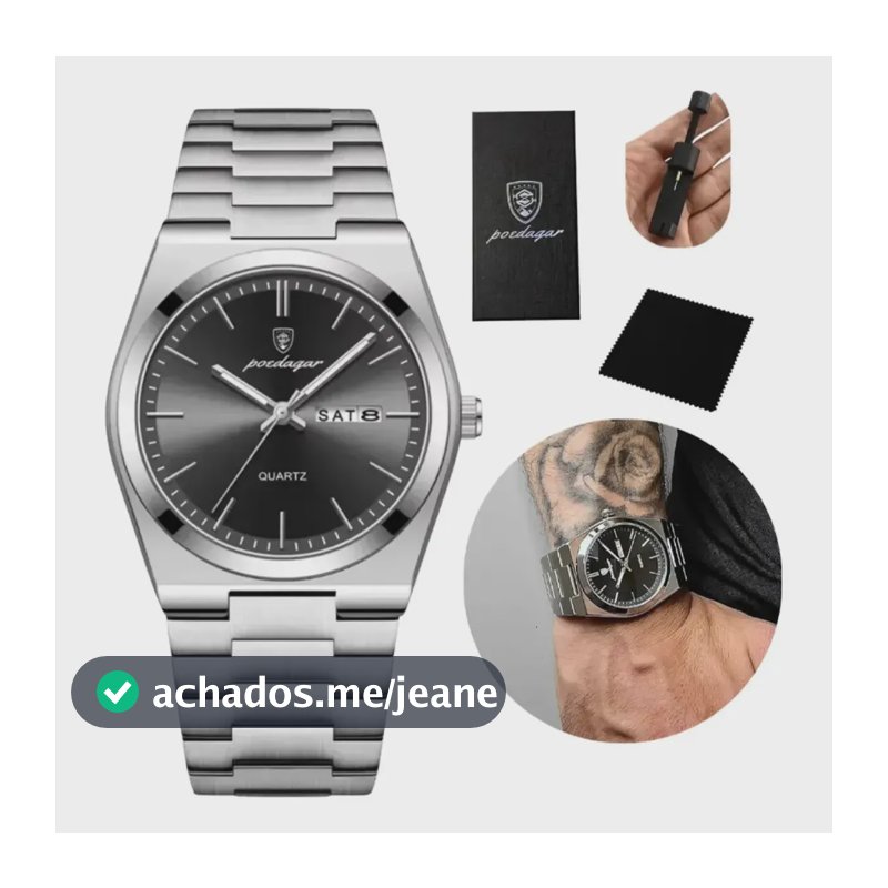 Relógio Masculino Luxo Poedagar Old Money Aço Quartzo Prata Prateado Clássico Preto Cristallandia