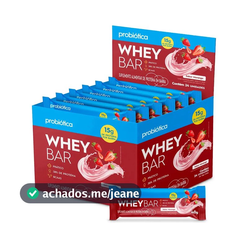 Barra de Proteína 24 Unidades Whey Bar Probiótica Morango Alto Proteico