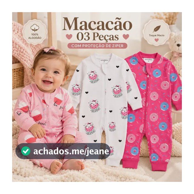 Kit 3 Macacões Sortidos Bebê Enxoval 100% Algodão