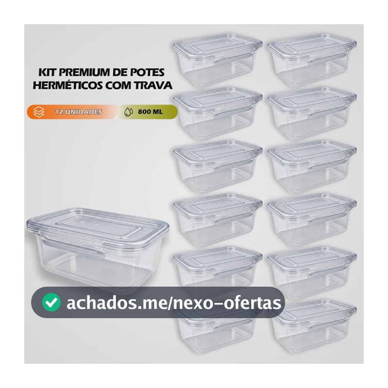 Kit 12 Marmitas 800ml Potes Trava Lateral Freezer Microondas Transparente