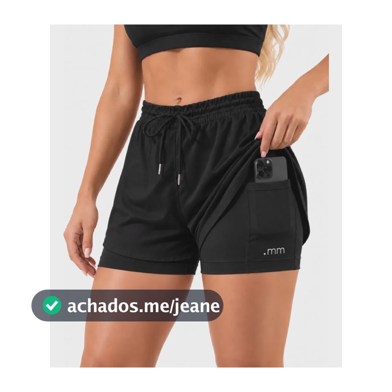 Short Duplo Feminino 2 Em 1 Academia Com Bolso Cintura Alta Preto G