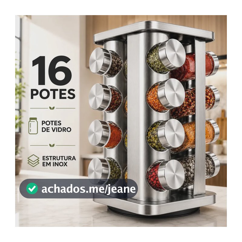 Porta Temperos Condimentos Inox Kit 16 Unidades Potes Vidro Base Giratório 360 Preto Organizador Cozinha Dosador Sólar