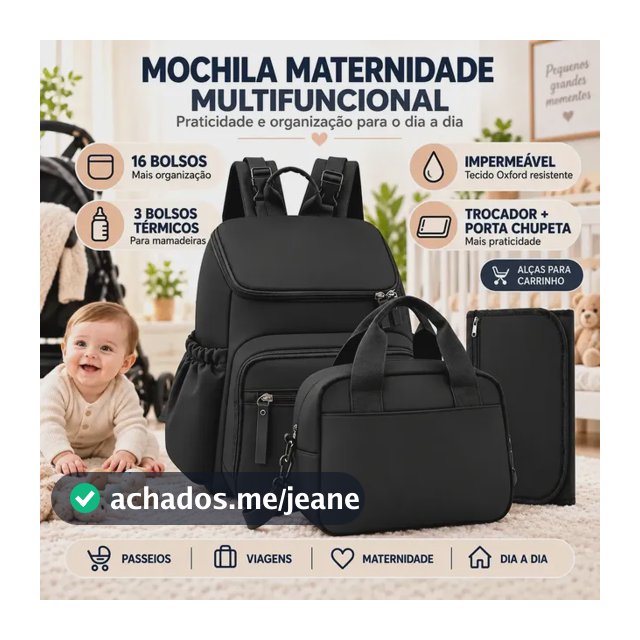 Mochila Maternidade NTESX Preta Impermeável com Trocador e Porta Mamadeira Térmico