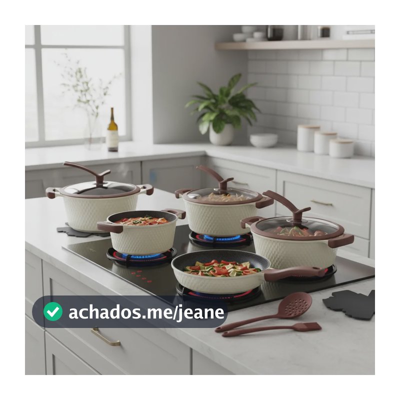 Kit Panelas Rosê 17 Peças Indução Gás Cerâmica Antiaderente Creme