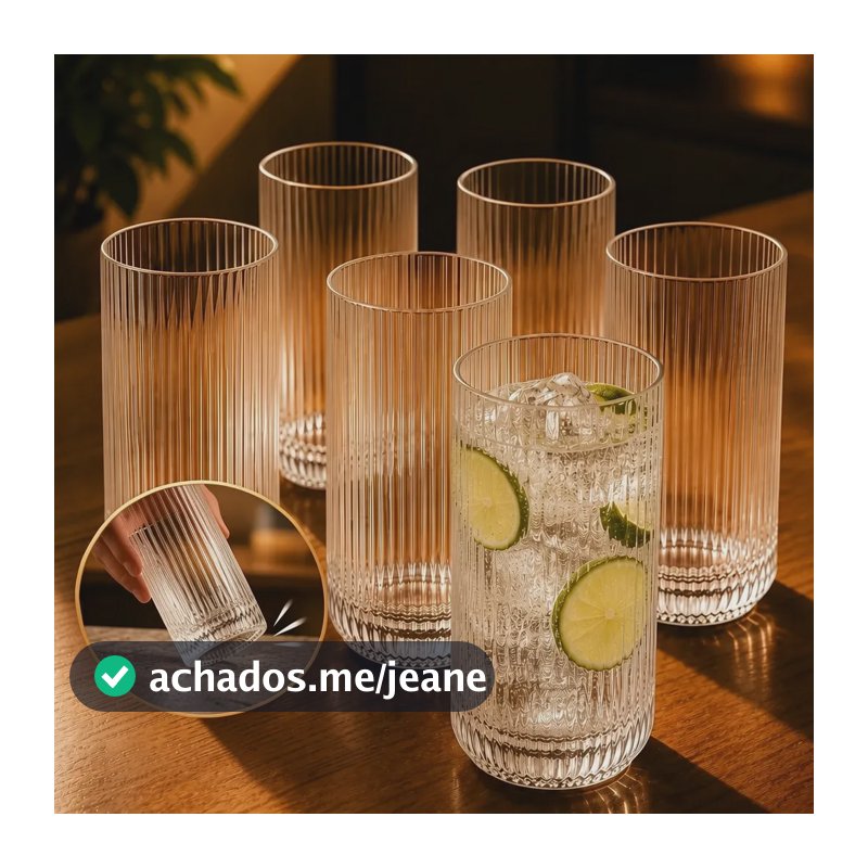 Jogo 6 Copos De Vidro Grosso Canelado 430ml Água Suco Luxo Incolor