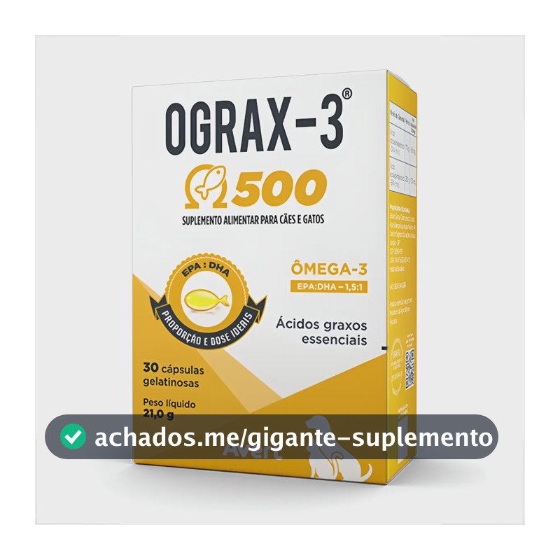 Suplemento Avert Ograx-3 500mg Para Cães E Gatos 30 Cápsulas