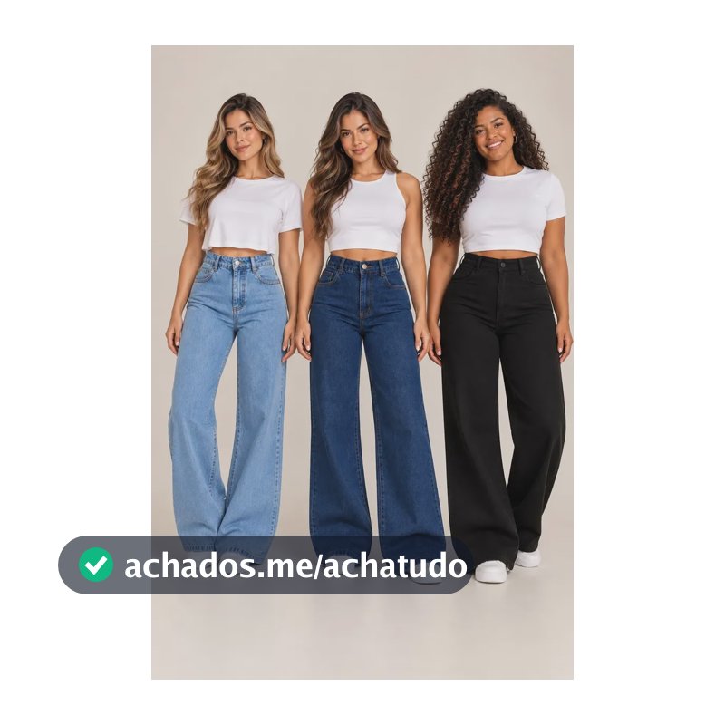 Calça Jeans Wide Leg Pantalona Cintura Alta Kit 3 Peças Reta Preta/ Azul/ Marmorizado 34