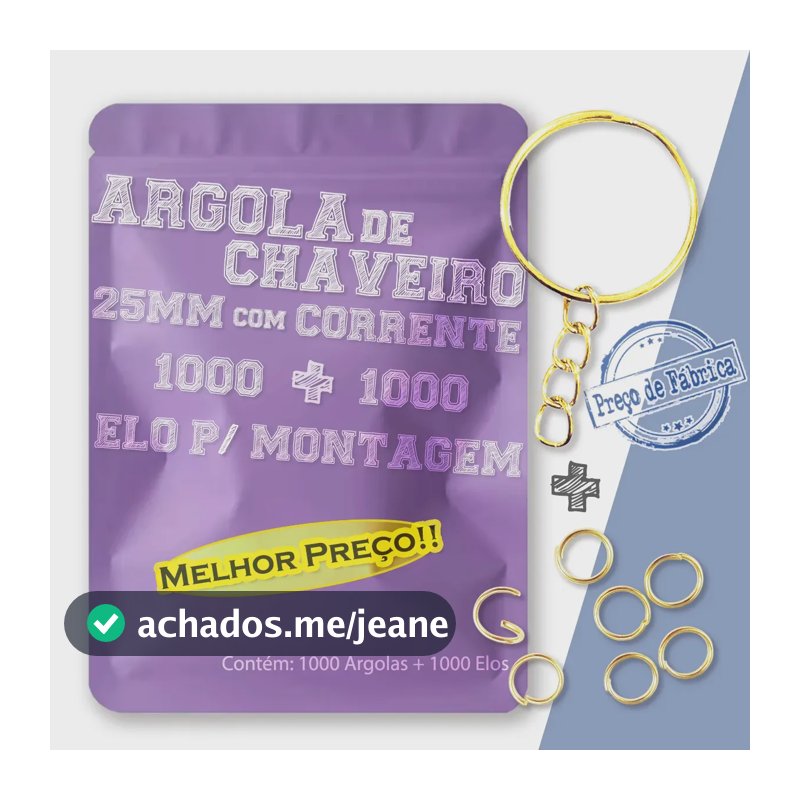 Argola Chaveiro 25mm Corrente + Elo 1000 Peças Dourada