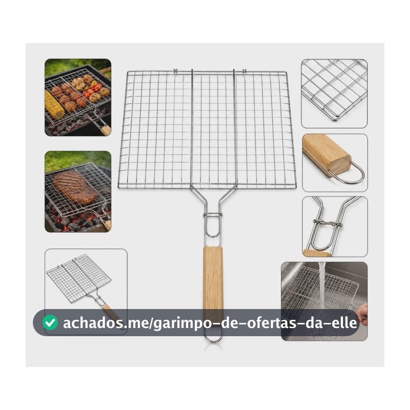 Grelha Dupla Churrasco Inox Cabo Madeira 34x22cm