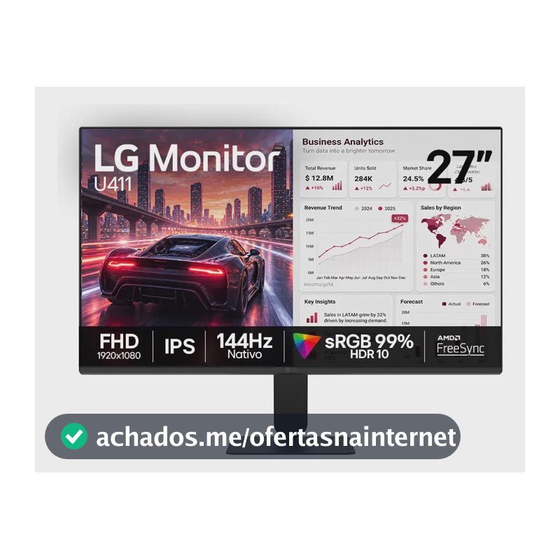 Monitor LG FHD Gamer & Office tela IPS 27”, 1ms (MBR), 144Hz Nativo, FreeSync, HDR10, sRGB, Modo leitura, Flicker Safe, HDMI, Black Stabilizer, Dynamic Action Sync, Preto - 27U411B