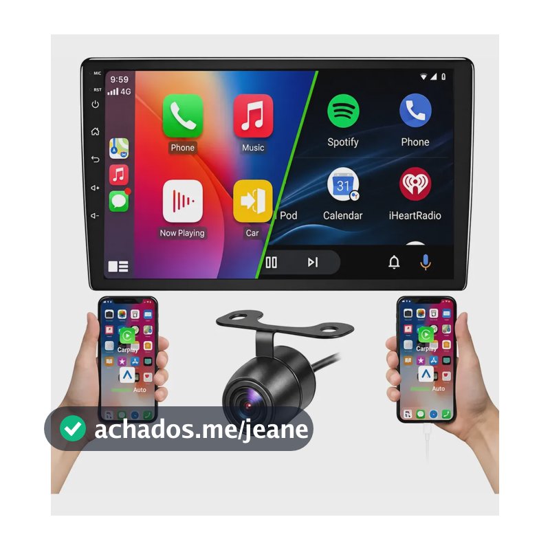 Central Multimídia 9 Pol 1 Din Carplay Android Auto + Câmera Tela Ajustável Câm Ré