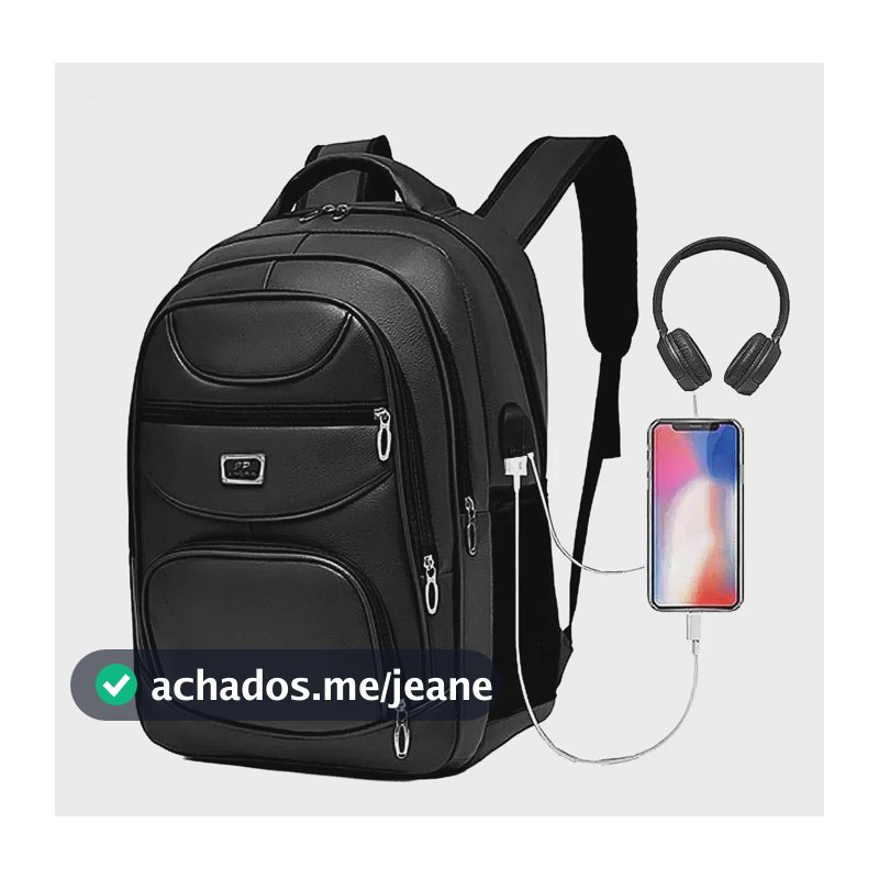 Mochila Couro Masculina Impermeável Reforçada Notebook USB