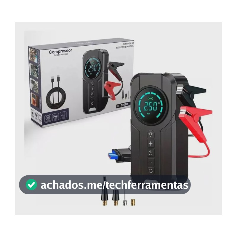 Mini Compressor de Ar Digital B&G Portátil para Carro, Moto e Bicicleta com Power Bank