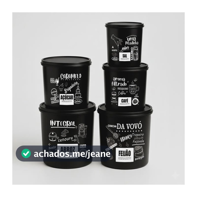 Kit 5 Potes De Mantimentos Plástico Decorado Preto Frases