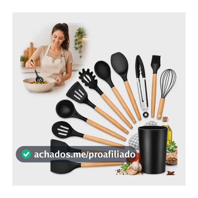 Kit Utensilios Cozinha Silicone Madeira 12 Pcs Preto