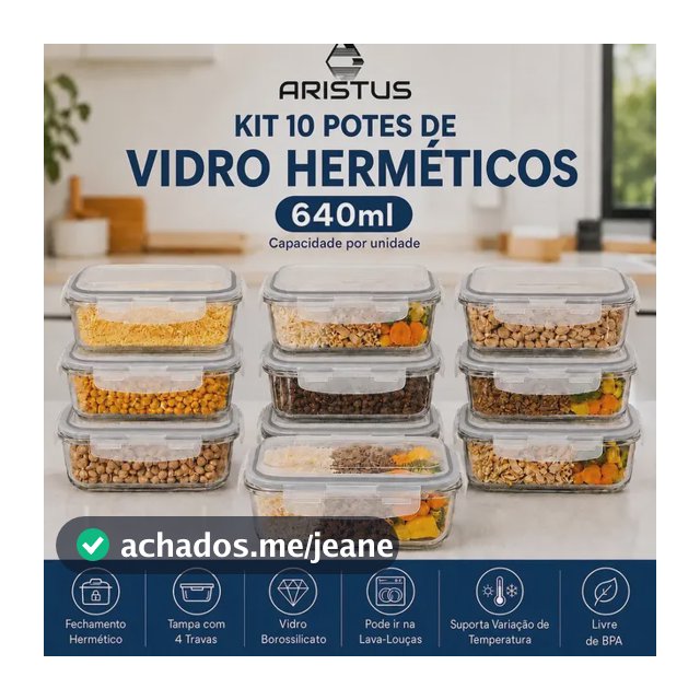 Kit 10 Potes Vidro Hermético Aristus 640ml Marmita Anti Vazamento Forno Micro-ondas Freezer Tampa 4 Travas - Cinza