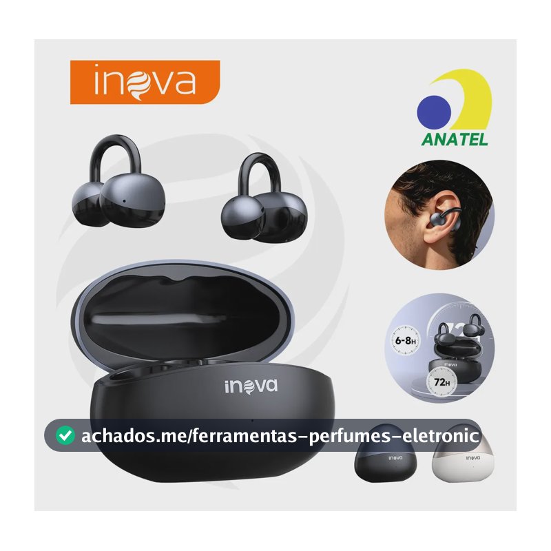 Fone de Ouvido Inova FON-13025E Tipo Clip Orelha Preto, Bluetooth, IPX6, para Esporte