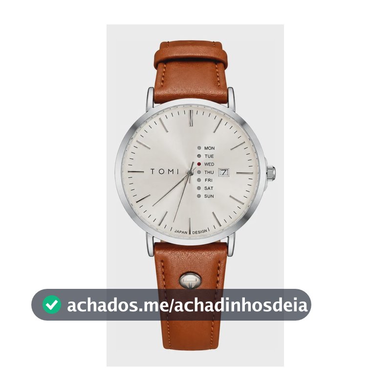 Relógio Pulso Tomi T019 Minimalista Masculino Couro Clássico Marrom Prateado Branco