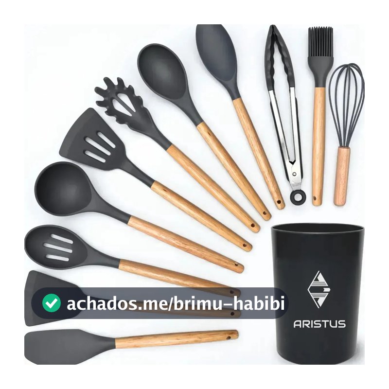 Kit 12 Utensílios De Silicone Com Cabo De Madeira - Marca Aristus Com Alta Resistência, Durável E Com Design Moderno, Perfeito Para Sua Cozinha Cor Cinza