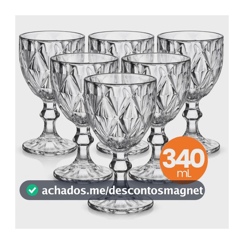 Jogo 6 Taças Vidro Diamond 340ml Conjunto Mesa Posta Água Suco Cozinha Decoração Presente