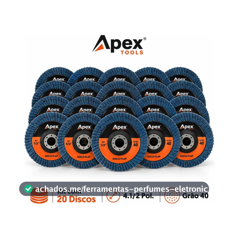 Kit com 20 Discos Flap para Esmerilhadeira de 4.1/2 Pol. Grão 40 Azul da Apex Tools