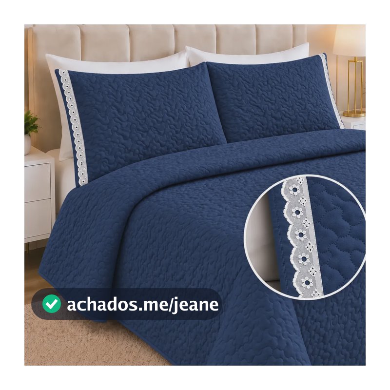 Kit Cobre Leito Casal Dupla Face Colcha 3 Peças 200 Fios Marinho