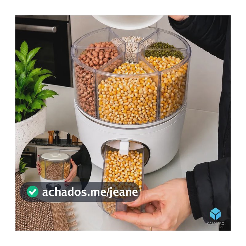 Dispenser Giratorio De Graos E Alimentos Com 6 Divisorias 5kg Rotativo 360 Organizador Porta Mantimentos Para Cozinha Arroz Feijao Cereais Grao Seco Reservatorio Compartimentos Cor Cinza