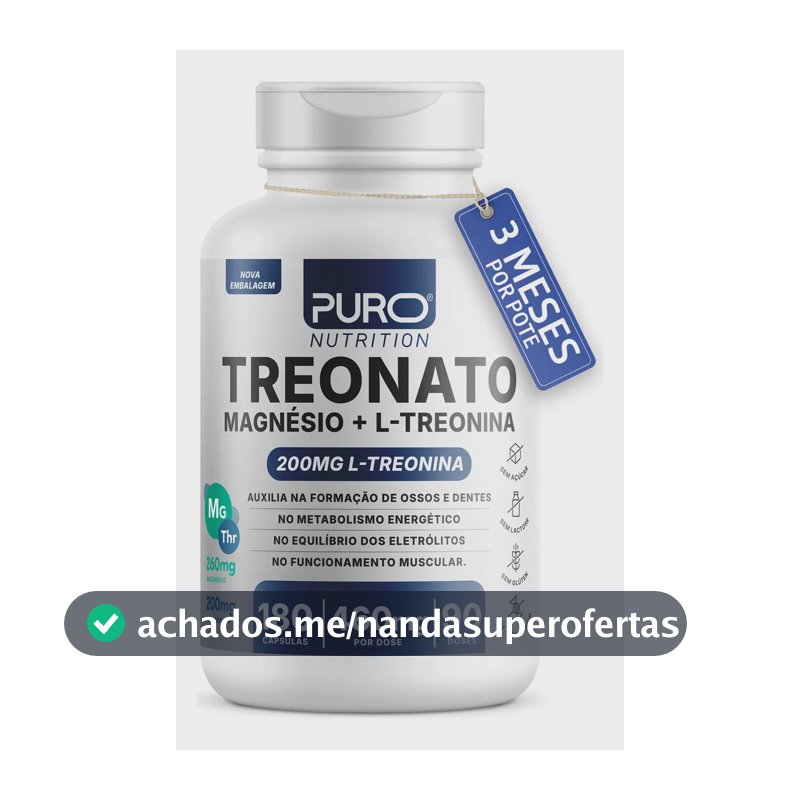 Treonato Puro Nutrition Magnésio + L-Treonina, Alto Teor de Magnésio por Porção, 180 Cápsula