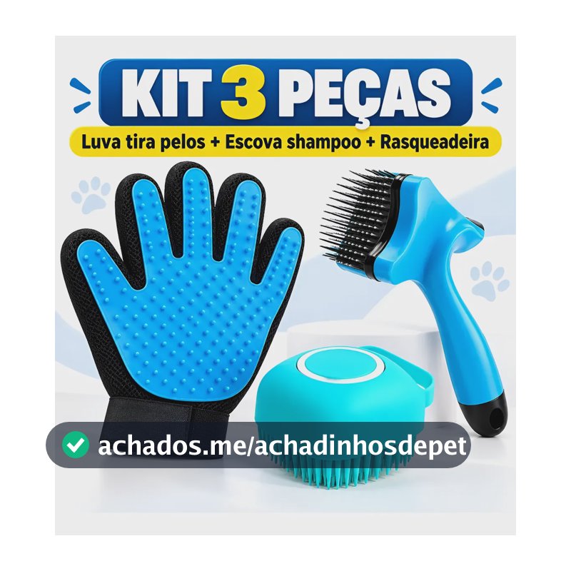 Kit Luva + Lava Pelos Escova + Dispenser Banho Shampoo Pet Aleatório