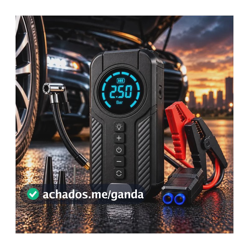 Auxiliar De Partida Bateria Carro Compressor De Ar Portátil 12V 4 funções em 1 Inflador Digital Calibrador Pneu Power Bank Lanterna LED Emergência Automotiva Moto SUV Bicicleta Caminhonete MidiaFone