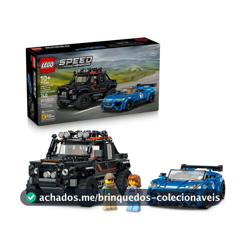 LEGO Speed Champions Jaguar Project 7 e Land Rover Defender 77264; Conjunto de construção de carros; Kit com 2 veículos britânicos icônicos para crianças montarem; Presente Dia das Crianças; 10+