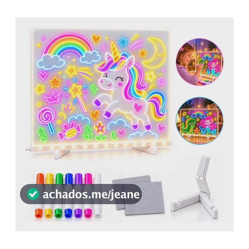 Lousa Mágica Led Neon Infantil 30x20cm Kit Desenho 7 Canetas Acrílico