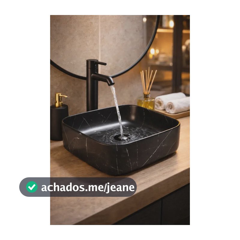 Cuba De Apoio Quadrada Slim De Cerâmica 39cm Mármore Preto Preto Esmaltado