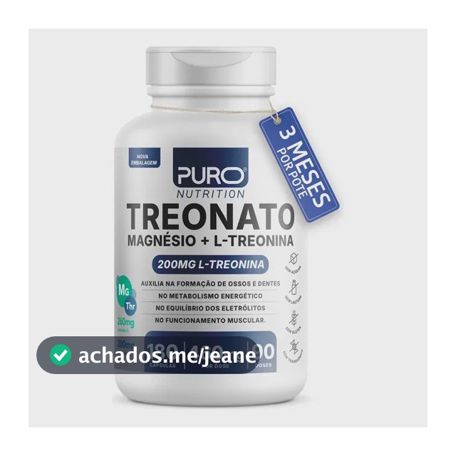 Treonato Puro Nutrition Magnésio + L-Treonina, Alto Teor de Magnésio por Porção, 180 Cápsula