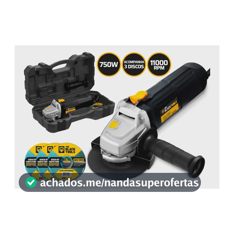 Esmerilhadeira lixadeira angular 750w 4.1/2 pol 115mm 11000rpm com maleta e discos bta780d The Black Tools