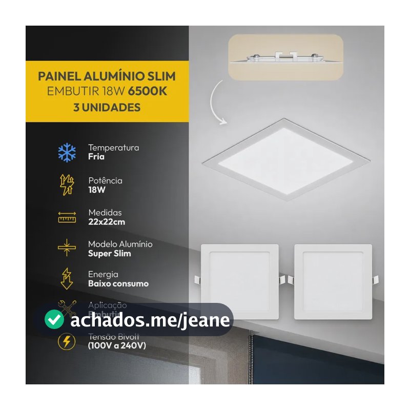 Kit 3 Painel Led Plafon Aluminio Embutir Quadrado 6500K Branco Frio 18w 22x22Cm